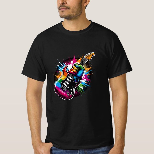 Rainbow Sten Explosion Vibrant Guitar Fist T Shirt (Framsida)