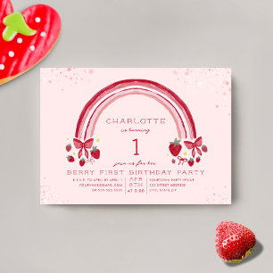 Rainbow Strawberry Berry Första Födelsedagsfesten Inbjudningar