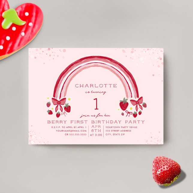 Rainbow Strawberry Berry Första Födelsedagsfesten Inbjudningar (Skapare uppladdad)