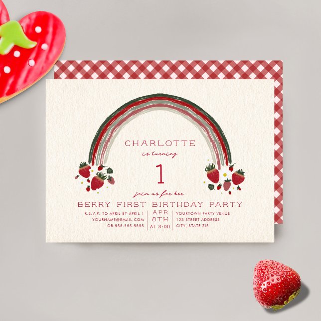 Rainbow Strawberry Berry Gingham First Birthday Inbjudningar (Skapare uppladdad)