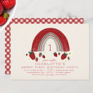 Rainbow Strawberry Gingham Berry 1:a födelsedagen Inbjudningar