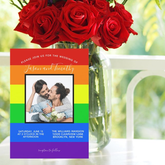Rainbow Stripe LGBTQ Ett par foto Gay Bröllop Inbjudningar (Skapare uppladdad)