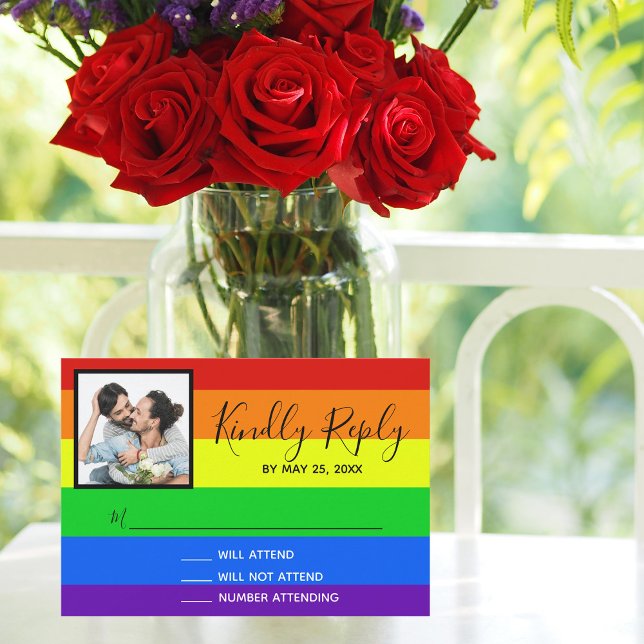 Rainbow Stripe LGBTQ Ett par foto Gay Bröllop OSA Kort (Skapare uppladdad)
