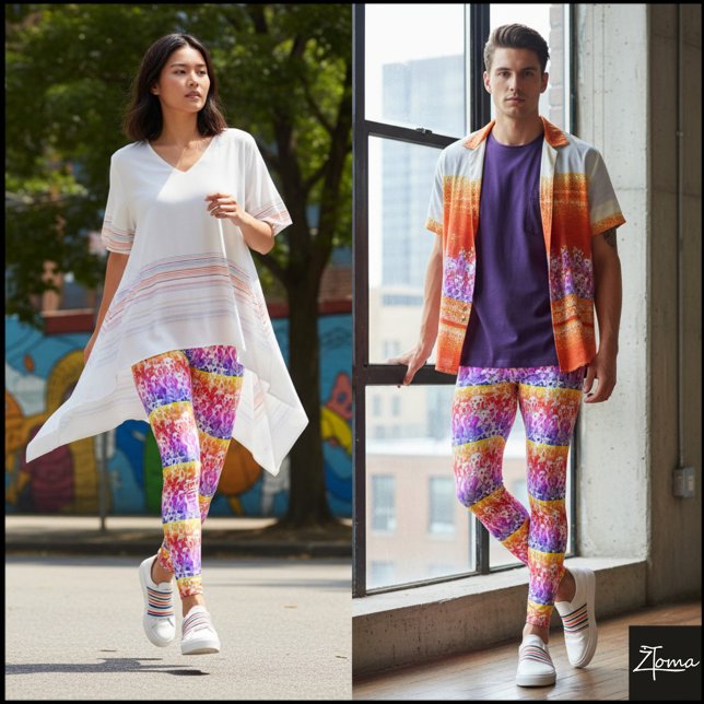 Rainbow Striped Crowded Dog Face Repeat Pattern Leggings (Skapare uppladdad)