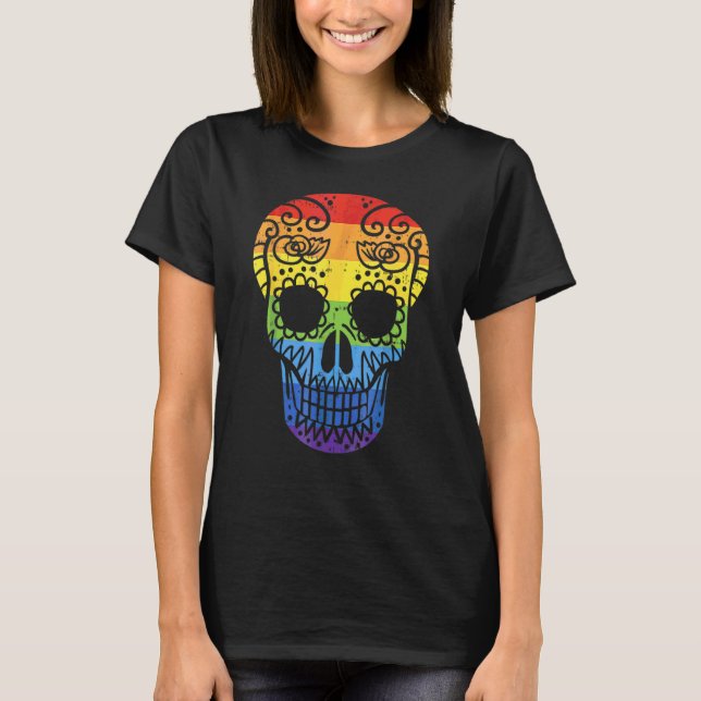Rainbow Sugar Skull Day of the dead Lgbt Gay pride T Shirt (Framsida)