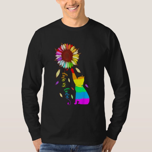 Rainbow Sunflower Cat Love Is Love LGBT Gay Lesbia T Shirt (Framsida)