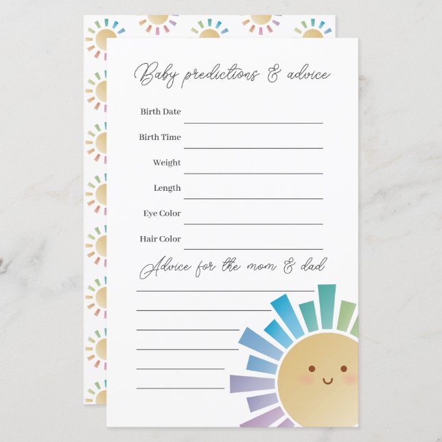 Rainbow Sunshine Baby Shower Guessing Game (Fram/baksida)