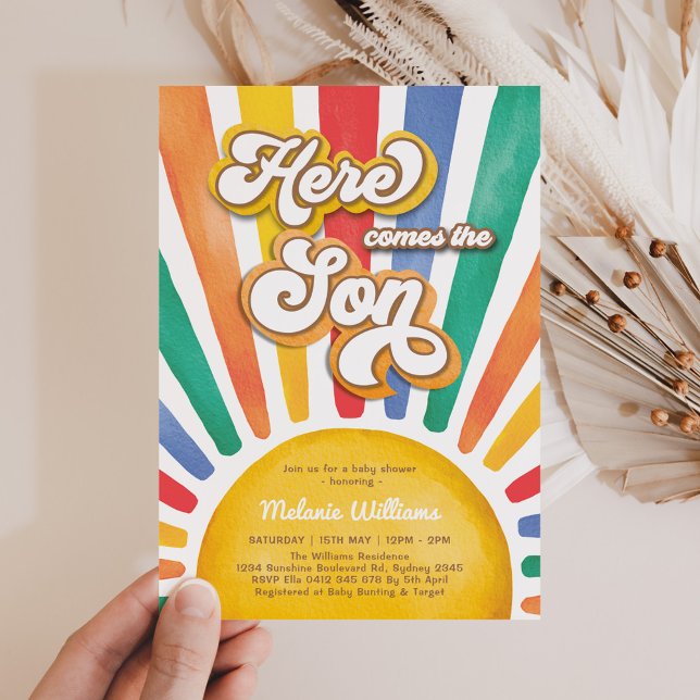 Rainbow Sunshine Baby Shower här kommer från sonen Inbjudningar (Skapare uppladdad)