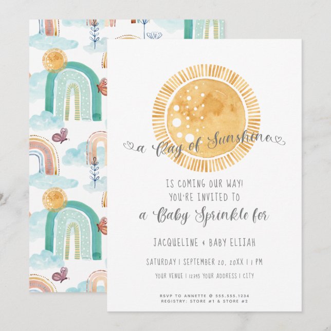 Rainbow Sunshine Modern Watercolor Baby Sprinkle Inbjudningar (Fram/baksida)
