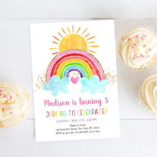 Rainbow Sunshine Rosa Guld Birthday Inbjudningar
