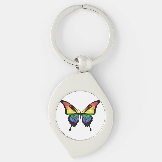 Rainbow Swallowtail Butterfly Flagga Swirl Silverfärgad Nyckelring (Framsidan)