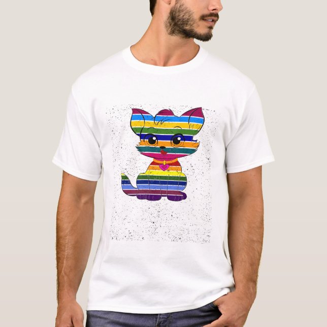 Rainbow Tabby Pride Cute LGBTQ Cat Retro Art T Shirt (Framsida)