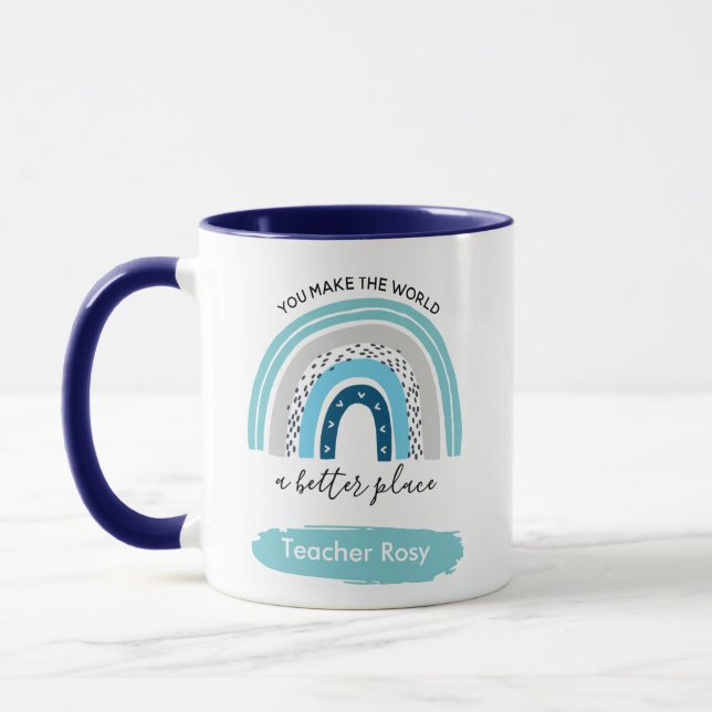 Rainbow Teacher Mugg Boho Blue Personlig (Vänster)