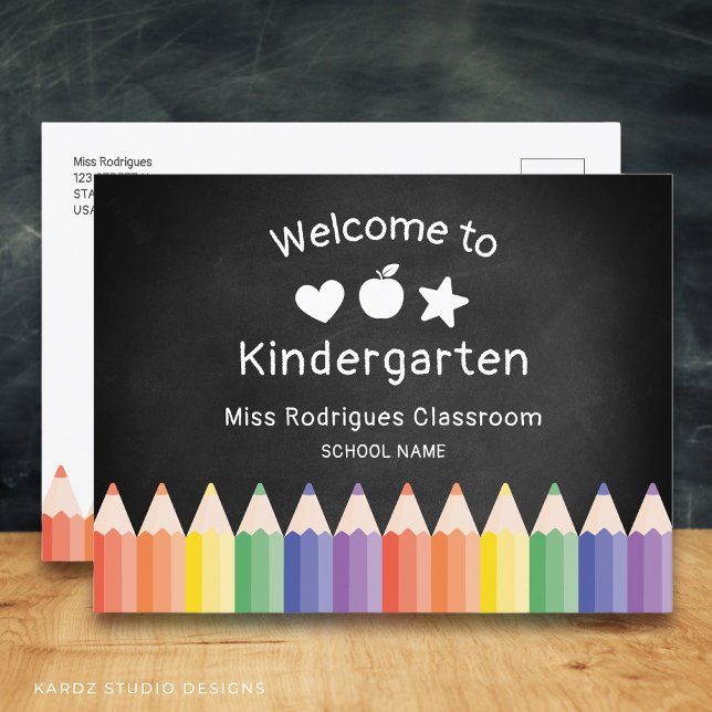 Rainbow Teacher Välkommen Kindergarten-mall Vykort (Edit the grade, name, and school. Add your info and message on the back.)