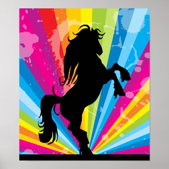 Rainbow Techno Silhouette Rearing Horse Poster (Framsidan)