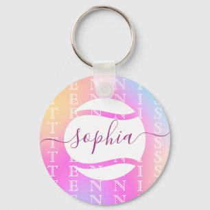 Rainbow Tennis Typography Boll & Girl Players Kids Nyckelring