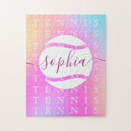 Rainbow Tennis Typography Boll & Girl Players Kids Pussel