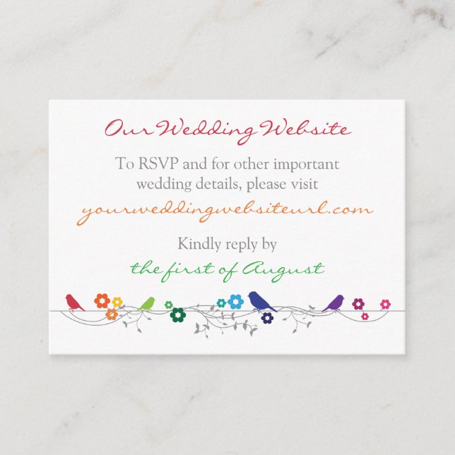Rainbow Theme Birds Flowers Bröllop webbplats Info Tilläggskort (Framsida)