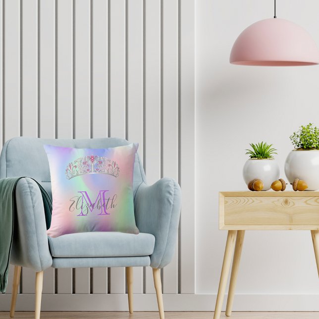 Rainbow tiara krona rosa monogram holografi kudde (Skapare uppladdad)