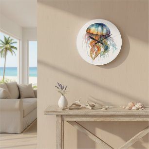 Rainbow Tides Jellyfish: Watercolor Art Stor Klocka