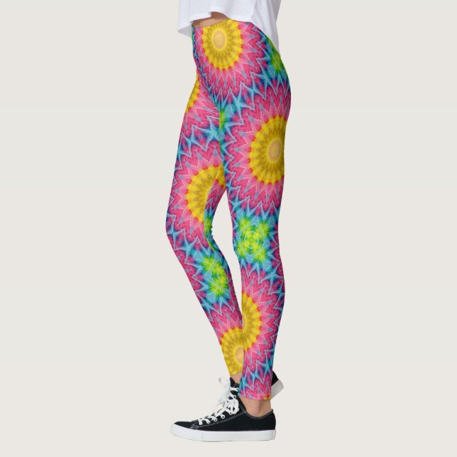 Rainbow Tie-Dye Mandala med Vibrant Symmetry Leggings (Vänster)