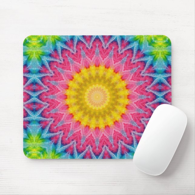 Rainbow Tie-Dye Mandala med Vibrant Symmetry Musmatta (Med mus)