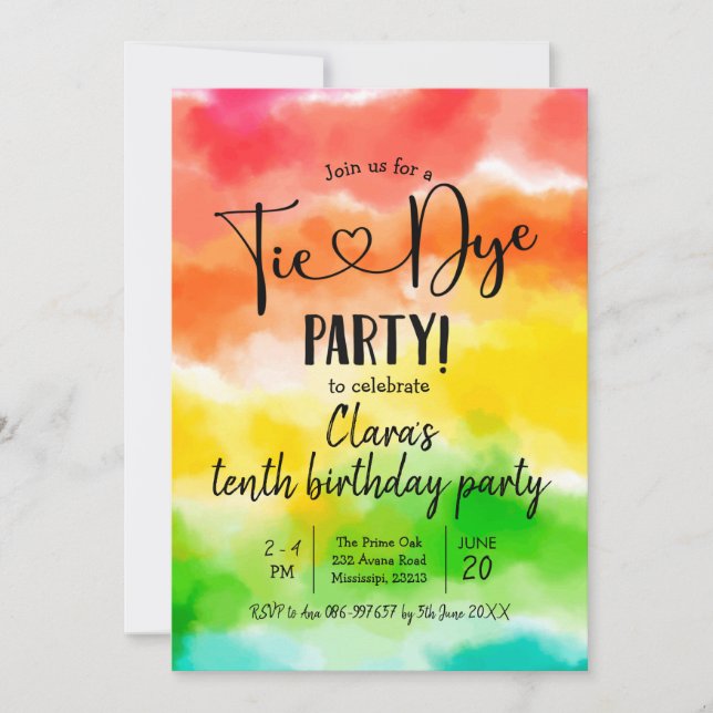 Rainbow Tie Dye Party Birthday-inbjudan Inbjudningar (Framsida)