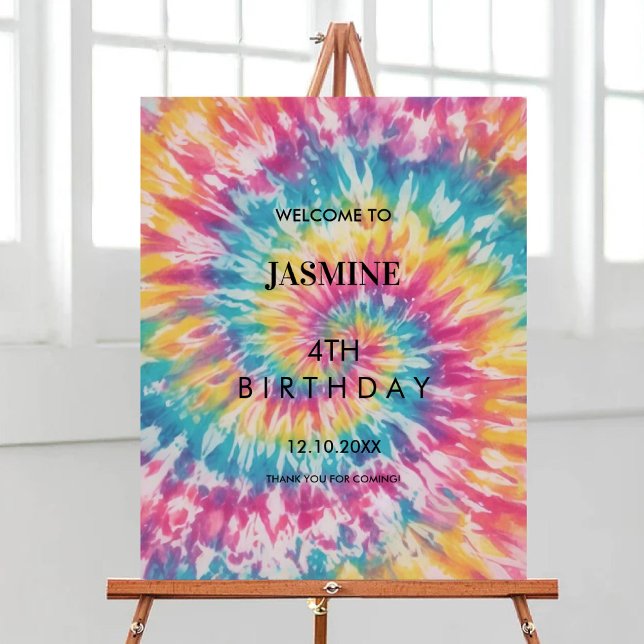Rainbow Tie Dye Whimsical Födelsedagsfest Välkomme Poster (Rainbow Tie Dye whimsical Birthday Party Welcome Poster)