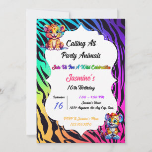Rainbow Tiger Animal Print Birthday Inbjudningar