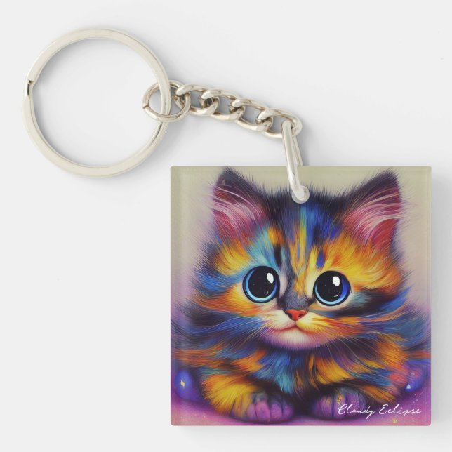 Rainbow Tortie Kitten Acrylic Keychain (Framsidan)