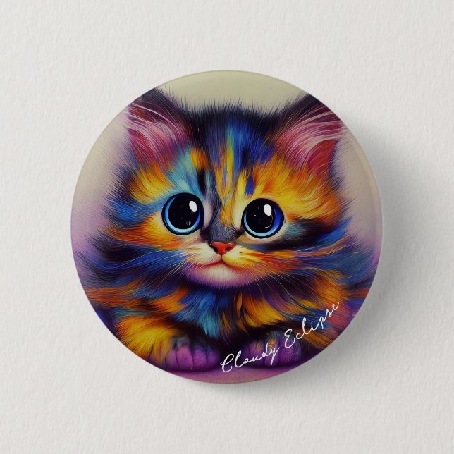 Rainbow Tortie Kitten Button Knapp (Framsida)