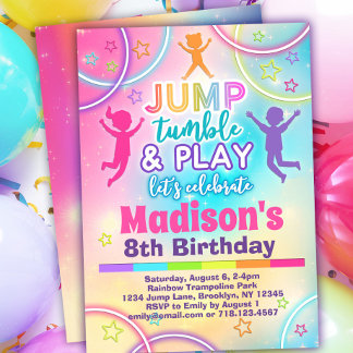 Rainbow Trampoline Park Girls Jump Birthday Inbjudningar