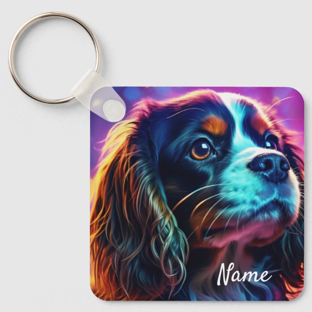 Rainbow Tri Cavalier Kung Charles Spain Hund Nyckelring (Framsida)