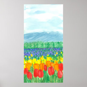 Rainbow Tulip Fält Watercolor Flowers Poster