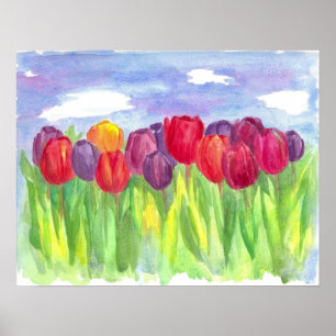 Rainbow Tulip Fält Watercolor Painting Poster