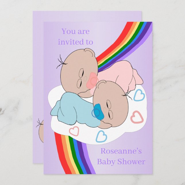 Rainbow Twin Flicka och Boy Baby Shower Inbjudningar (Fram/baksida)