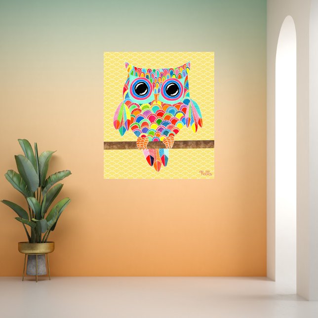 Rainbow Uggla Wall Art Girls Room Poster (Pip Pip Hooray Rainbow Owl Art Illustration on Poster Print, shown as example on a room wall)