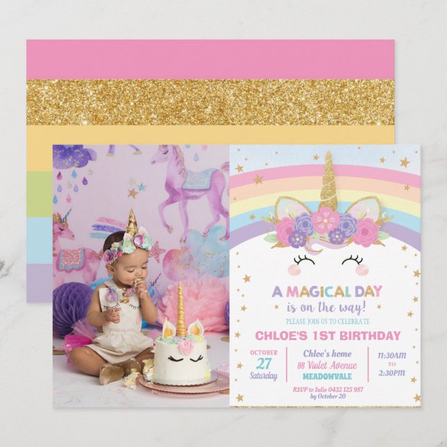 Rainbow Unicorn 1:a Birthday Party Girl med Photo Inbjudningar (Fram/baksida)