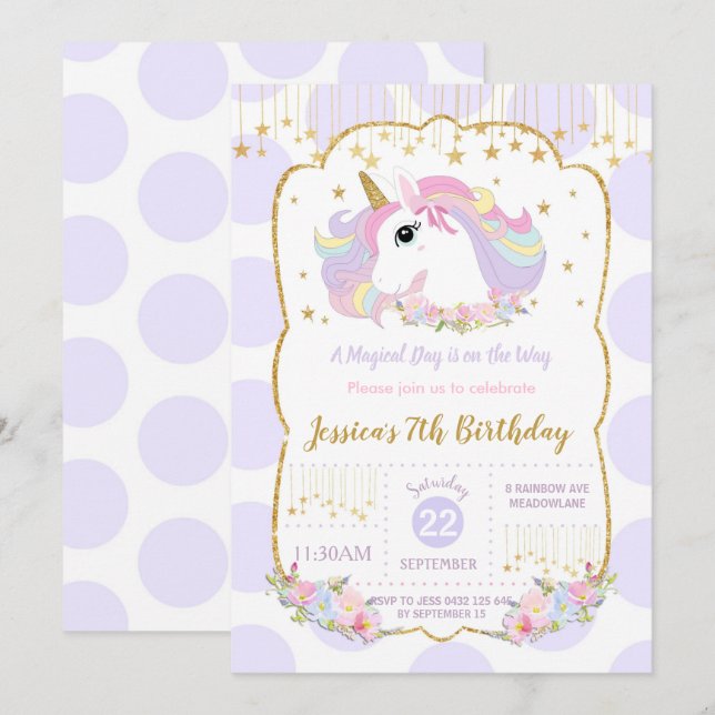 Rainbow Unicorn 1st Birthday Lila Polka Dot Inbjudningar (Fram/baksida)