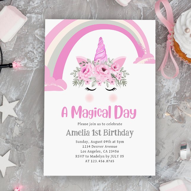 Rainbow Unicorn 1st Birthday Party Rosa Inbjudningar (Rainbow Unicorn 1st Birthday Party Pink Invitation
)