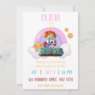 Rainbow Unicorn 3rd Birthday Party Cuptårta Inbjudningar