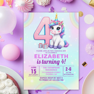 Rainbow Unicorn 4th Birthday for Girls” Inbjudningar