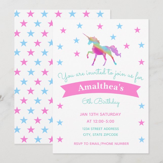 Rainbow Unicorn and Stars Birthday bjudande Inbjudningar (Fram/baksida)