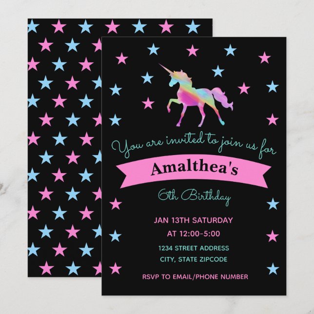 Rainbow Unicorn and Stars Birthday bjudande Inbjudningar (Fram/baksida)
