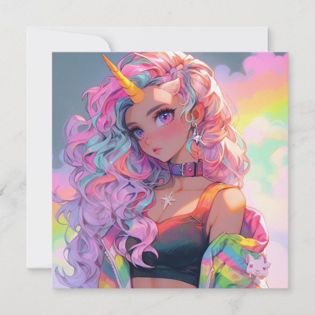 Rainbow Unicorn Anime Girl Artwork Inbjudningar (Framsida)