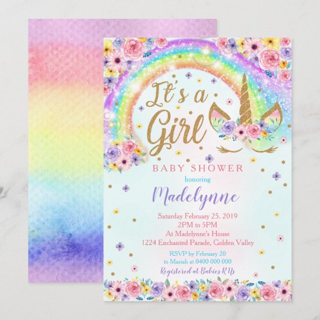 Rainbow Unicorn Baby Shower-inbjudan Girl Inbjudningar (Fram/baksida)