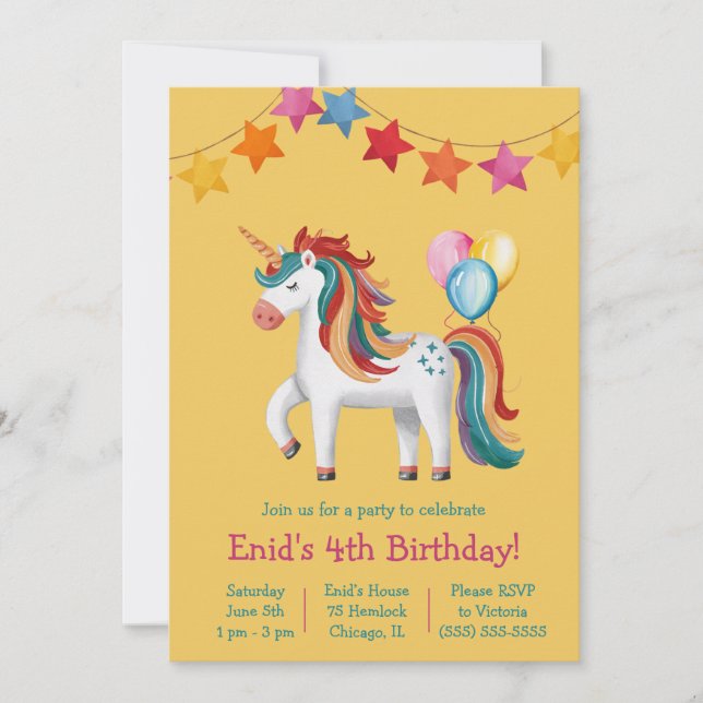 Rainbow Unicorn, Balloons & Banner Birthday Party Inbjudningar (Framsida)