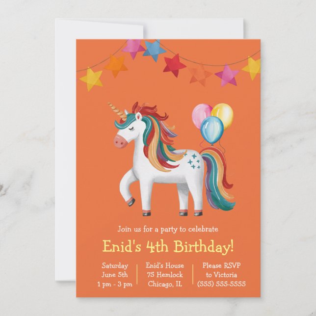 Rainbow Unicorn, Balloons & Banner Birthday Party Inbjudningar (Framsida)