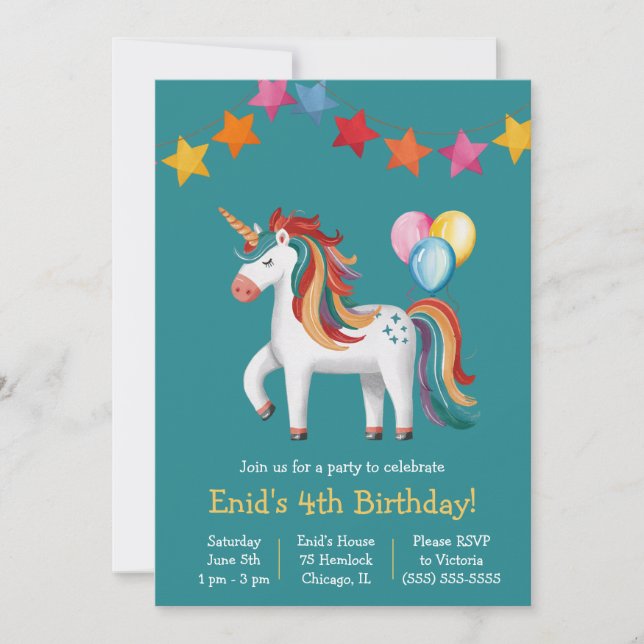 Rainbow Unicorn, Balloons & Banner Birthday Party Inbjudningar (Framsida)