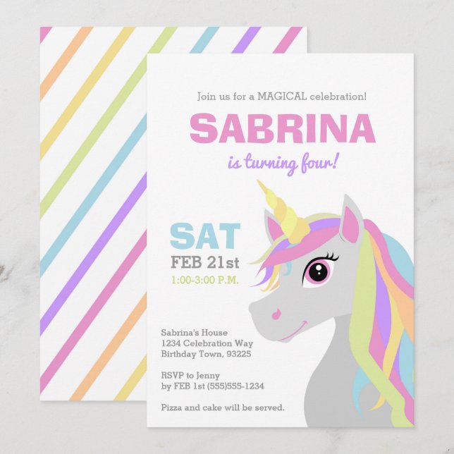 Rainbow Unicorn Barns födelsedag Party-inbjudan Inbjudningar (Fram/baksida)